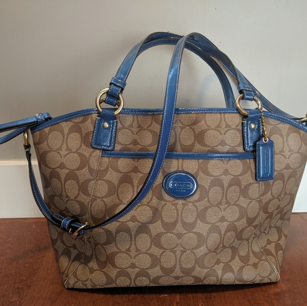 Authentic Coach Waxed Canvas Tote Bag Blue Trim